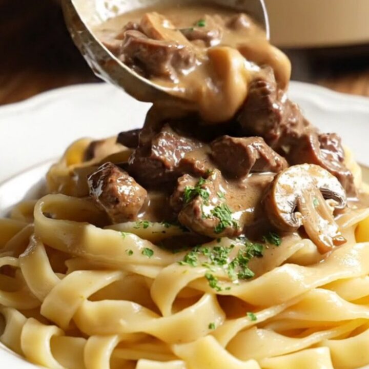 A close-up of creamy ribeye Stroganoff served over buttered egg noodles in a cream stoneware bowl.