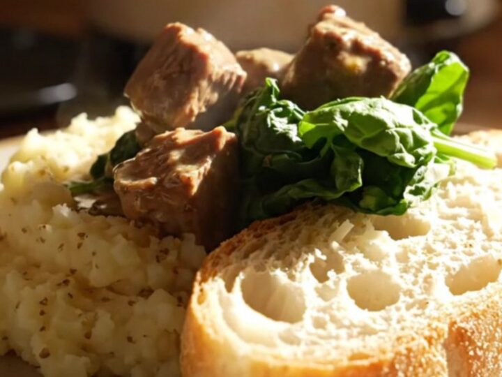 A close-up of creamy Tuscan steak bites in a ceramic slow cooker with visible spinach and sun-dried tomatoes.
