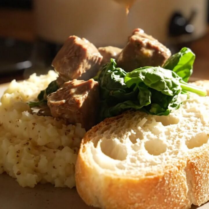 A close-up of creamy Tuscan steak bites in a ceramic slow cooker with visible spinach and sun-dried tomatoes.