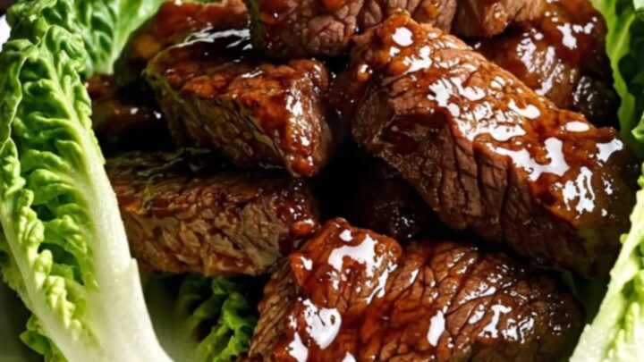 Close-up of caramelized Bulgogi steak tips being lifted from a black ceramic slow cooker with chopsticks.