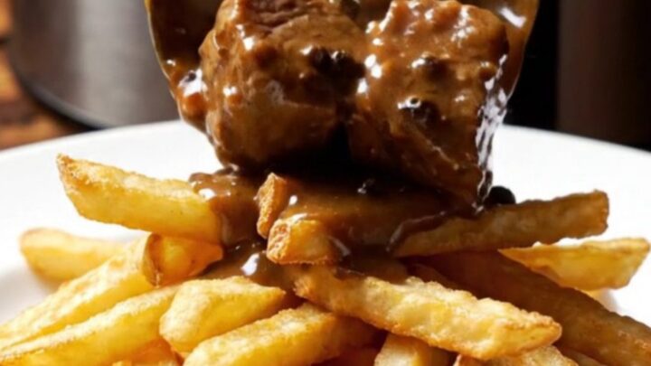 Close-up of tender steak bites in a creamy peppercorn brandy sauce in a ceramic slow cooker.