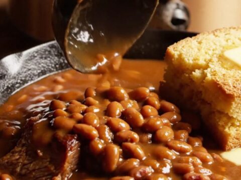 A rustic cast-iron skillet filled with slow-cooked brisket burnt ends, pinto beans, and a thick, dark BBQ sauce.