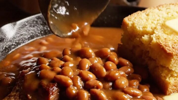 A rustic cast-iron skillet filled with slow-cooked brisket burnt ends, pinto beans, and a thick, dark BBQ sauce.