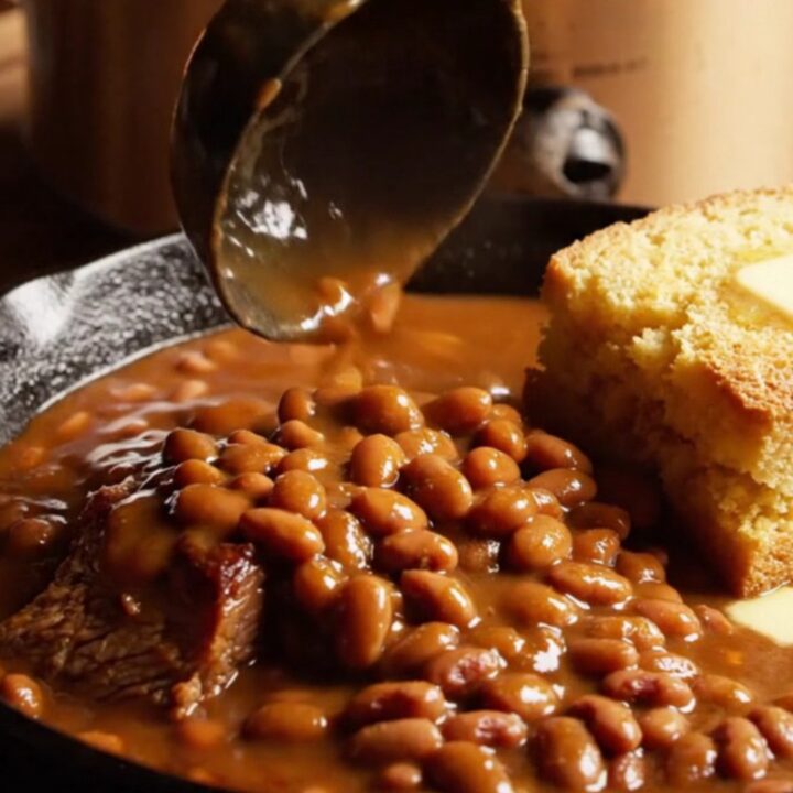 A rustic cast-iron skillet filled with slow-cooked brisket burnt ends, pinto beans, and a thick, dark BBQ sauce.