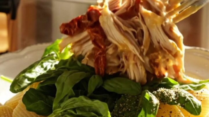 A close-up of creamy Crockpot sun-dried tomato chicken served over rigatoni pasta, garnished with fresh basil.