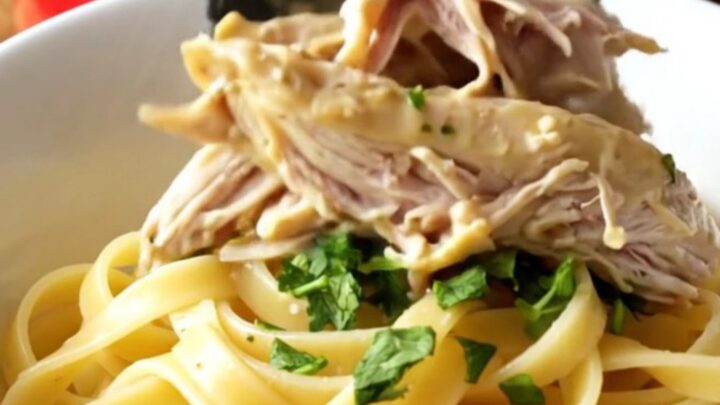 Creamy Italian shredded chicken served over a bed of buttery fettuccine noodles in a cozy kitchen setting.