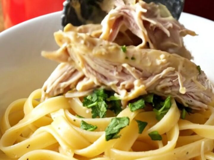 Creamy Italian shredded chicken served over a bed of buttery fettuccine noodles in a cozy kitchen setting.