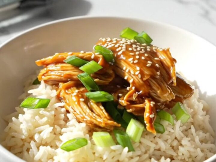Extreme close-up of a spoon lifting tender, glazed honey garlic chicken from a Crockpot.