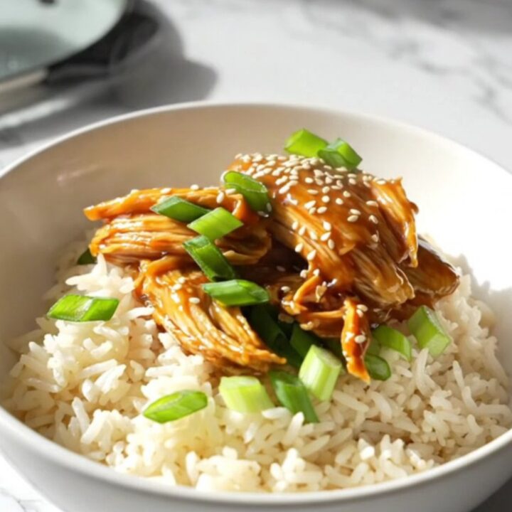 Extreme close-up of a spoon lifting tender, glazed honey garlic chicken from a Crockpot.