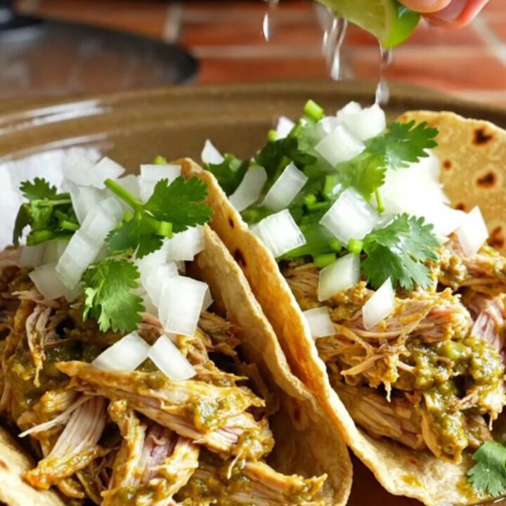A close-up of shredded chicken in a creamy green salsa verde sauce served in warm corn tortillas with cilantro.