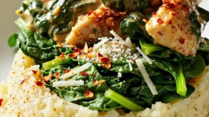 A beige slow cooker filled with shredded chicken in a creamy sauce with spinach and artichokes.