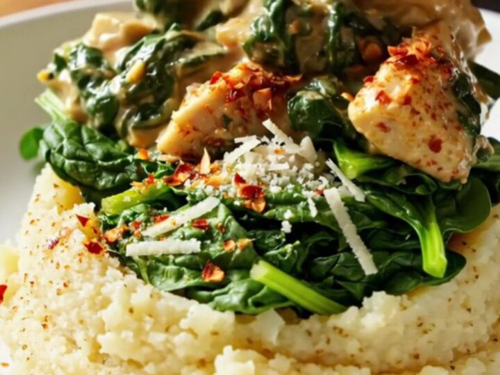A beige slow cooker filled with shredded chicken in a creamy sauce with spinach and artichokes.