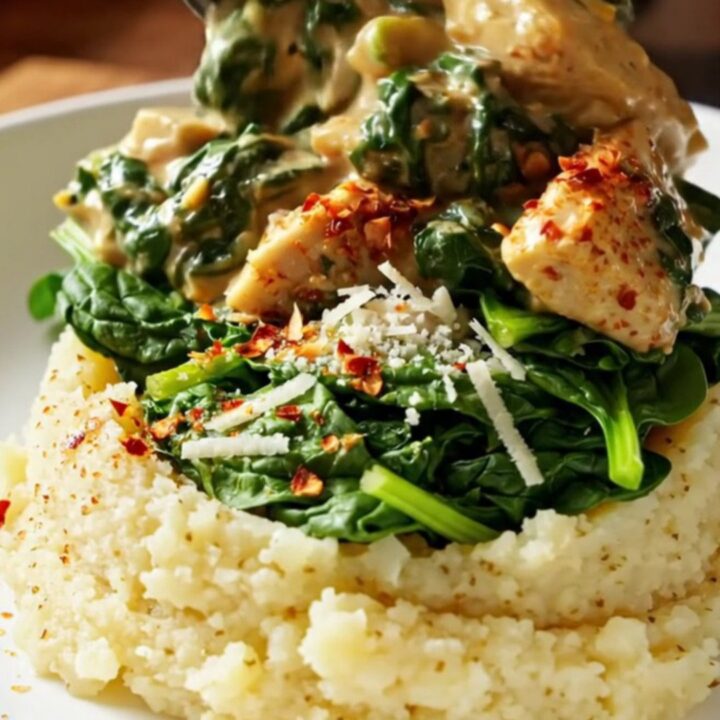 A beige slow cooker filled with shredded chicken in a creamy sauce with spinach and artichokes.