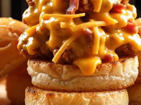 A close-up shot of shredded crack chicken piled high on a toasted brioche bun with crispy bacon and green onions.