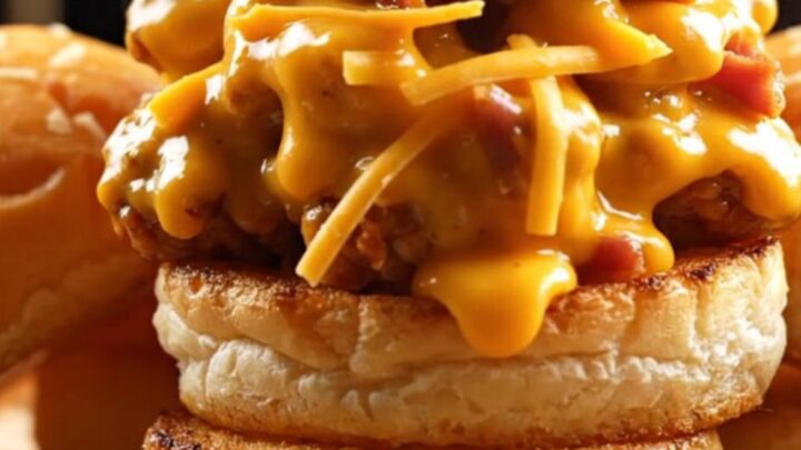 A close-up shot of shredded crack chicken piled high on a toasted brioche bun with crispy bacon and green onions.