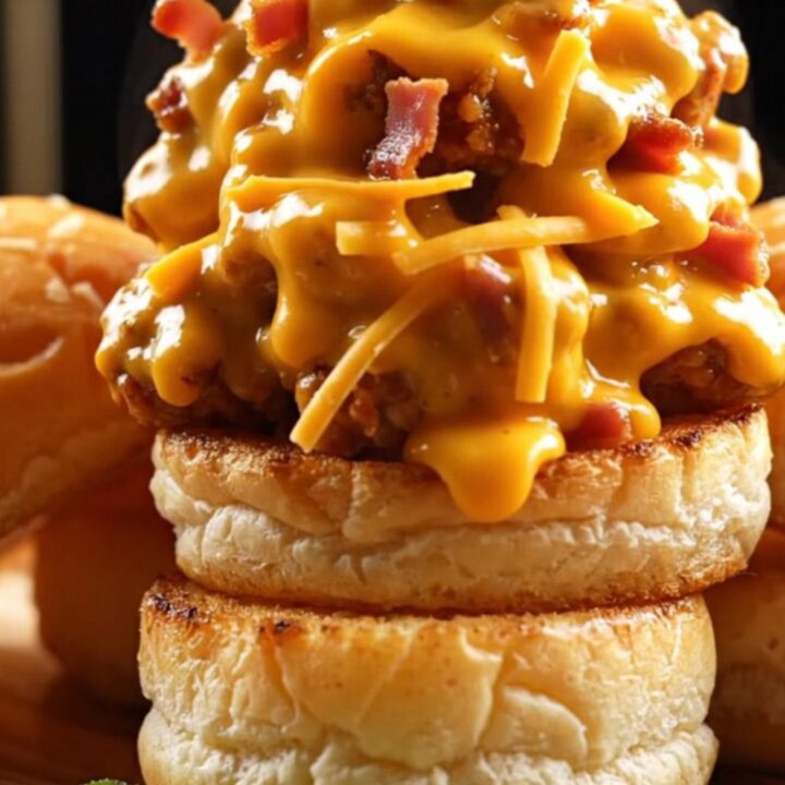 A close-up shot of shredded crack chicken piled high on a toasted brioche bun with crispy bacon and green onions.
