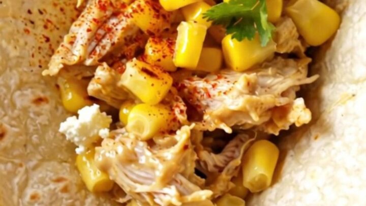 Creamy shredded chicken with roasted corn and cotija cheese served in warm flour tortillas.