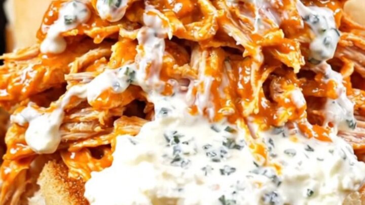 A close-up of shredded buffalo chicken on Hawaiian rolls topped with blue cheese and celery.