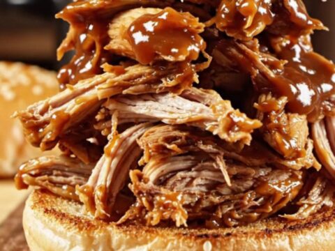A close-up of a slow cooker filled with shredded BBQ chicken in a glossy brown sauce, with steam rising.