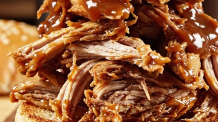 A close-up of a slow cooker filled with shredded BBQ chicken in a glossy brown sauce, with steam rising.