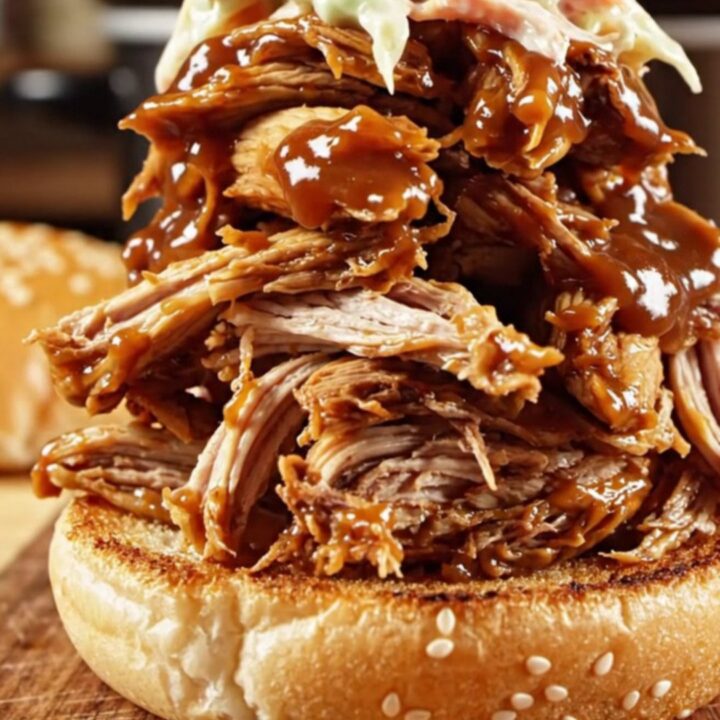 A close-up of a slow cooker filled with shredded BBQ chicken in a glossy brown sauce, with steam rising.