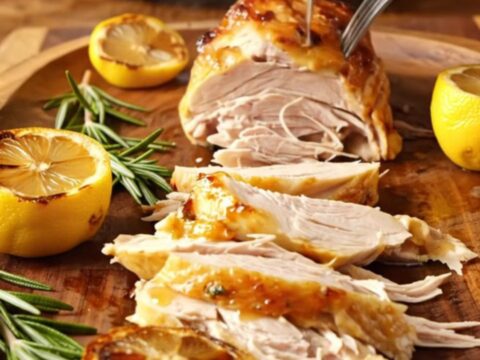 A whole rotisserie-style chicken with glistening golden-brown skin in a slow cooker.