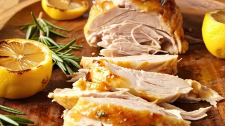 A whole rotisserie-style chicken with glistening golden-brown skin in a slow cooker.