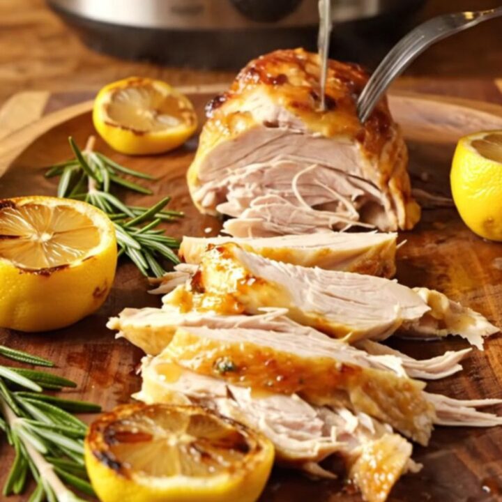 A whole rotisserie-style chicken with glistening golden-brown skin in a slow cooker.