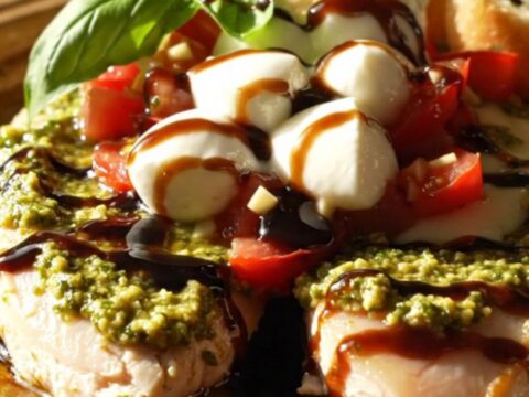 A delicious slow cooker pesto chicken dish topped with melted mozzarella pearls and fresh basil.