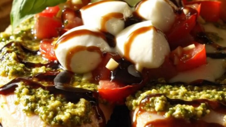 A delicious slow cooker pesto chicken dish topped with melted mozzarella pearls and fresh basil.