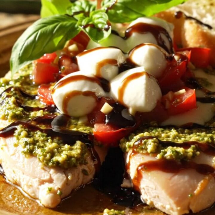 A delicious slow cooker pesto chicken dish topped with melted mozzarella pearls and fresh basil.