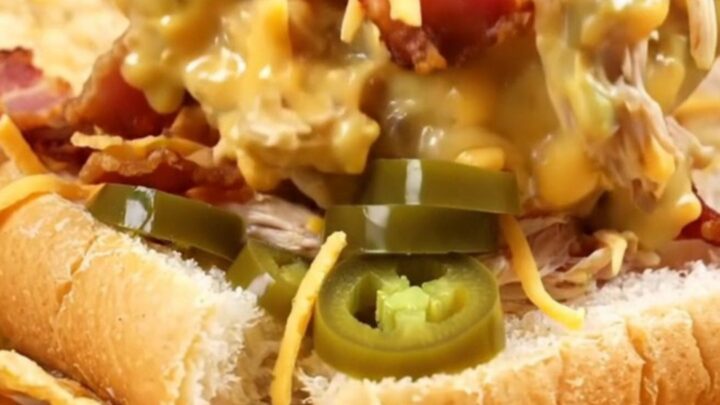 A close-up of creamy jalapeño popper chicken being shredded in a black ceramic slow cooker.