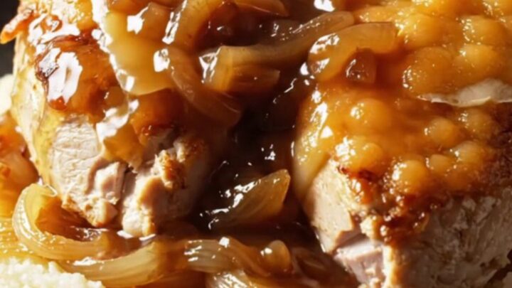 A close-up of Crockpot French Onion Gruyere Chicken with melted cheese and caramelized onions.