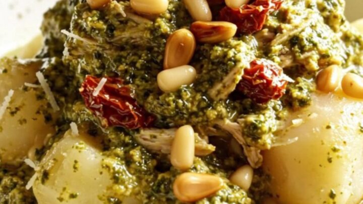 A rustic terracotta slow cooker filled with shredded chicken in a creamy emerald basil pesto and sun-dried tomato sauce.