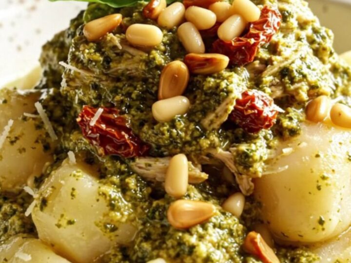 A rustic terracotta slow cooker filled with shredded chicken in a creamy emerald basil pesto and sun-dried tomato sauce.