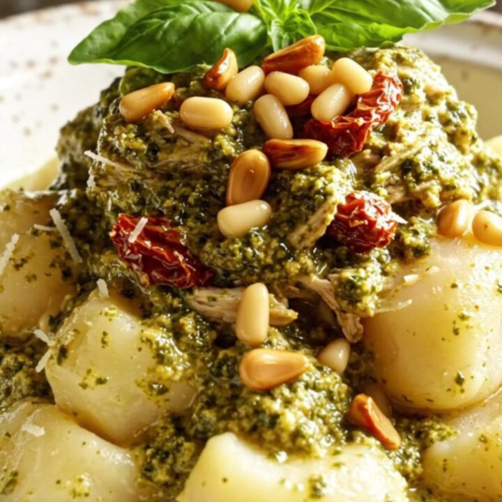 A rustic terracotta slow cooker filled with shredded chicken in a creamy emerald basil pesto and sun-dried tomato sauce.