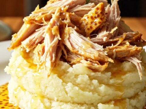 A close-up of shredded honey mustard rosemary chicken served over a mound of creamy mashed potatoes in a white bowl.
