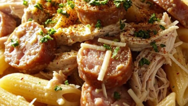 A creamy Cajun chicken and sausage pasta dish served in a bowl, topped with fresh parsley and extra Cajun seasoning.