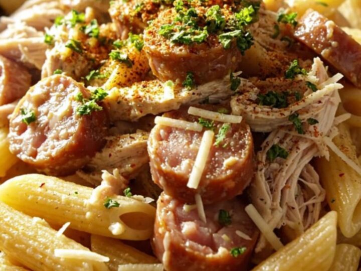 A creamy Cajun chicken and sausage pasta dish served in a bowl, topped with fresh parsley and extra Cajun seasoning.