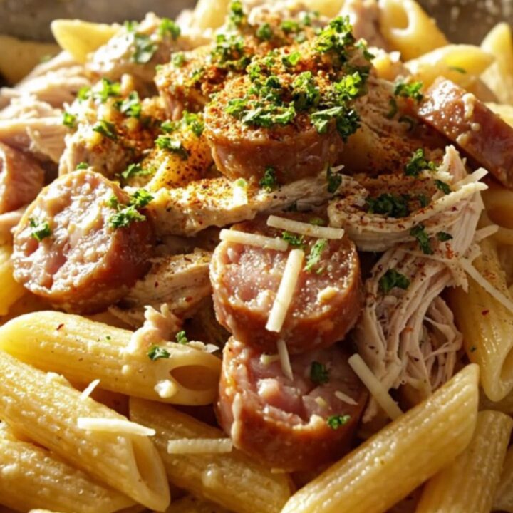 A creamy Cajun chicken and sausage pasta dish served in a bowl, topped with fresh parsley and extra Cajun seasoning.