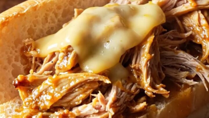 A close-up of shredded Mississippi chicken piled on a toasted hoagie roll with melted cheese.