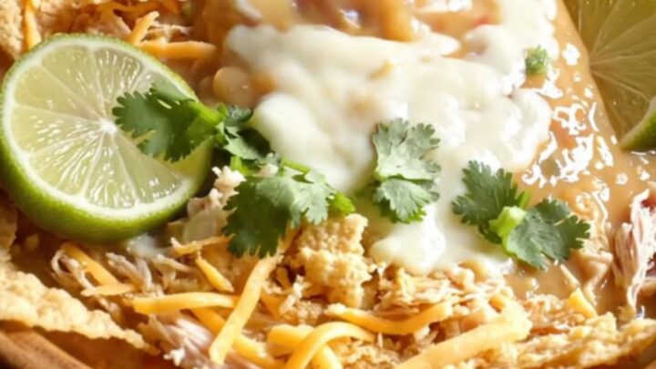 A warm, rustic bowl of creamy white chicken chili topped with tortilla strips, shredded cheese, and cilantro.