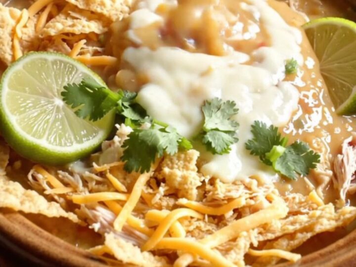 A warm, rustic bowl of creamy white chicken chili topped with tortilla strips, shredded cheese, and cilantro.