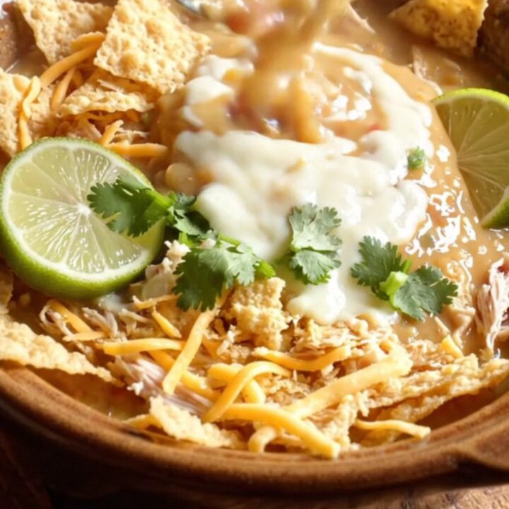 A warm, rustic bowl of creamy white chicken chili topped with tortilla strips, shredded cheese, and cilantro.