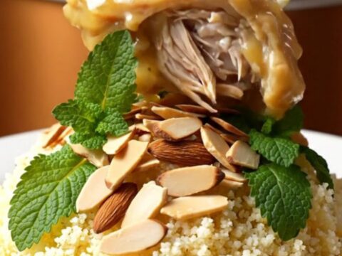 A close-up view of tender shredded chicken in a golden honey glaze with plump apricots and toasted almonds.