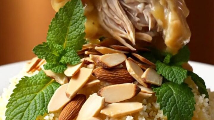 A close-up view of tender shredded chicken in a golden honey glaze with plump apricots and toasted almonds.