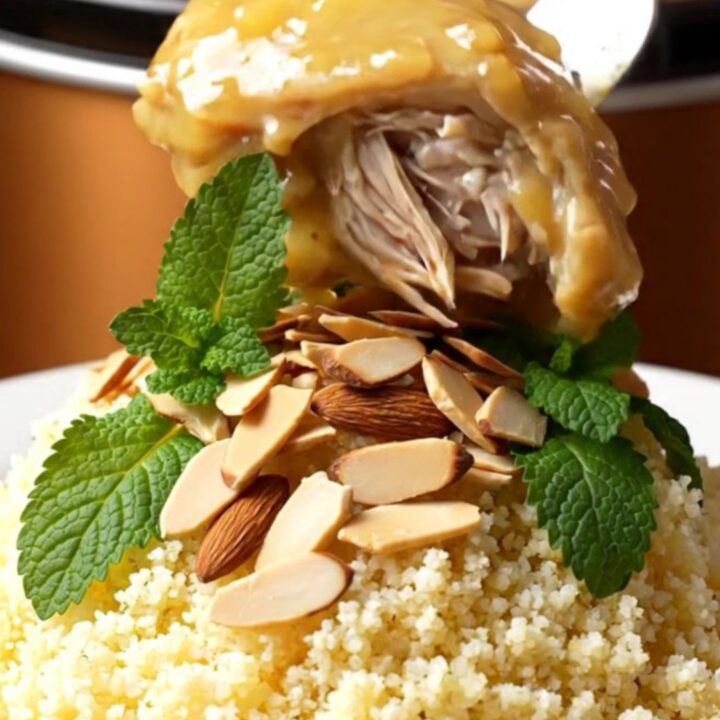A close-up view of tender shredded chicken in a golden honey glaze with plump apricots and toasted almonds.