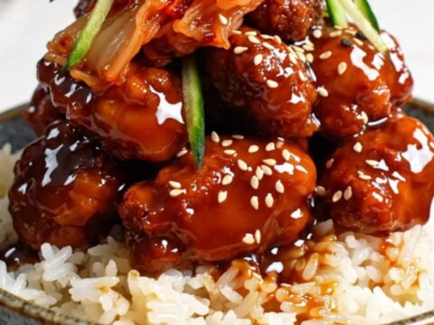 A close-up of a bowl filled with shredded Korean gochujang chicken over white rice with kimchi and cucumbers.