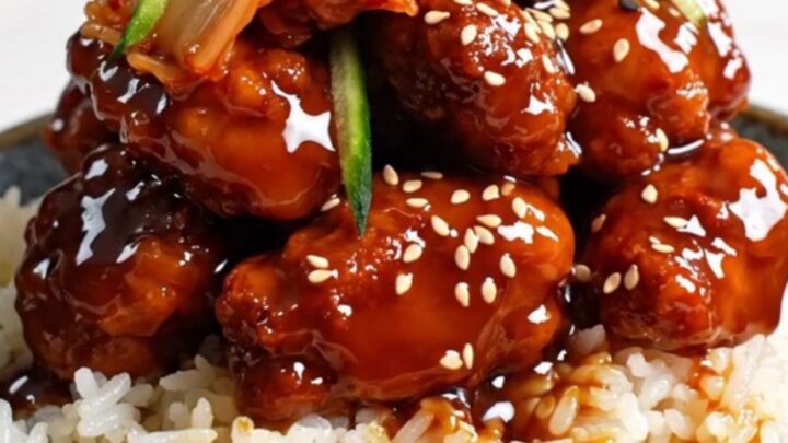 A close-up of a bowl filled with shredded Korean gochujang chicken over white rice with kimchi and cucumbers.