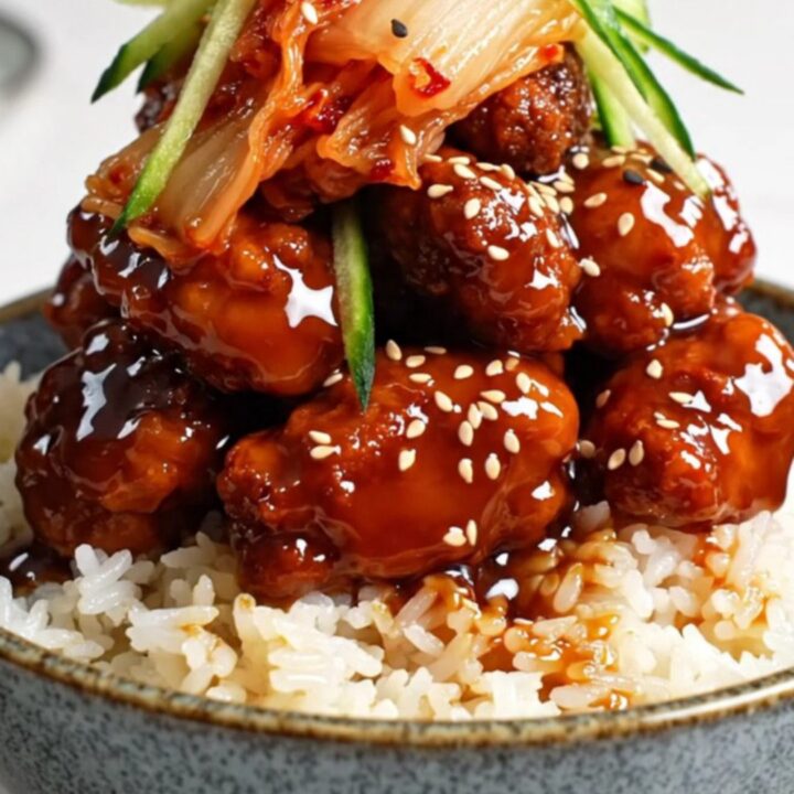 A close-up of a bowl filled with shredded Korean gochujang chicken over white rice with kimchi and cucumbers.